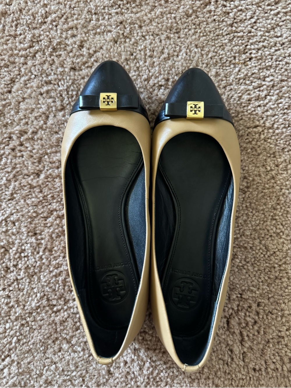 Tory Burch Two-Tone Pointed Toe Flats in Tan and Black with Gold Logo